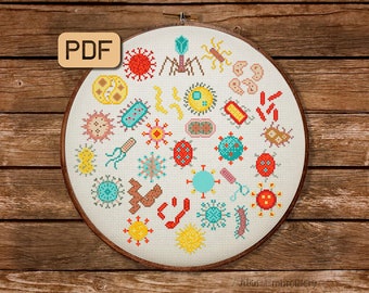 Microbes Cross Stitch Pattern, Bacteria Crossstitch PDF, Germ Virus Embroidery Design, Instant Download