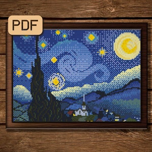 Van Gogh Starry Night Cross Stitch Pattern, Painting Cross Stitch Pattern PDF