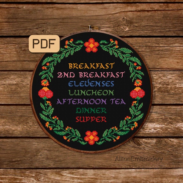 Hobbit Meals Cross Stitch Pattern, Funny Kitchen Crossstitch PDF, Geek Embroidery Design, Digital Download