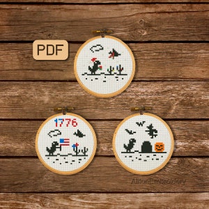 Set of 3 Tiny Dinosaur Cross Stitch Patterns, Funny T-Rex Halloween Crossstitch PDF, Mini Christmas Dino Embroidery Designs