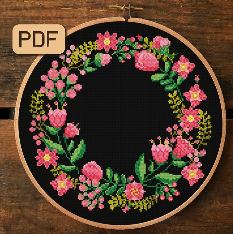 Floral Border Cross Stitch Pattern Flower Wreath Needlepoint Etsy