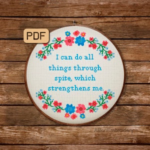 Funny Cross Stitch Pattern, I Can Do All Things Through Spite Which Strengthens Me Crossstitch PDF, Sassy Embroidery Design