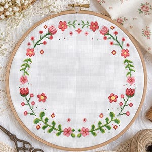 Floral Wreath Cross Stitch Pattern: Flower Border Design (PDF)