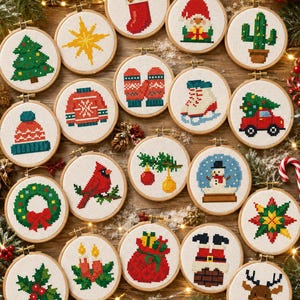 May include: A collection of round wooden embroidery hoops featuring various cross-stitch designs including a Christmas tree, star, stocking, gnome, cactus, mittens, ice skate, truck, hat, jumper, wreath, cardinal, ornaments, snowman, holly, candles, sack, Santa, and reindeer.