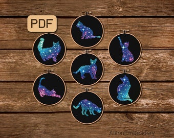 Set of 7 Galaxy Cat Cross Stitch Patterns, Mini Crossstitch PDF, Small Embroidery Designs, Digital Download