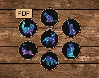 Galaxy Cat Cross Stitch Pattern Set: Mini Embroidery Designs (Digital Download)