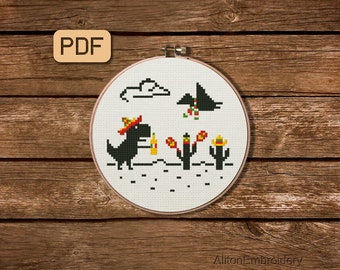 T-Rex Cinco De Mayo Cross Stitch Pattern, Funny Dinosaur Crossstitch PDF, Mexico Dino Embroidery Design, Instant Download