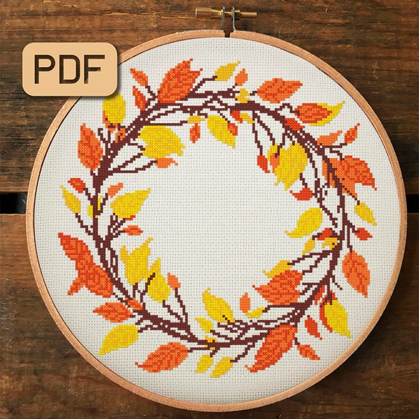 Autumn Wreath Cross Stitch Pattern, Fall Leaves Cross Stitch Pattern PDF