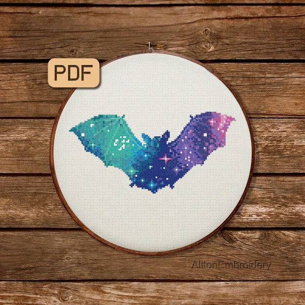 Galaxy Bat Cross Stitch Pattern, Animal Crossstitch PDF, Counted Embroidery Design, Instant Download