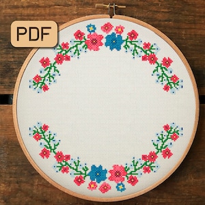 花のボーダー クロスステッチ パターン、花輪 クロスステッチ PDF、かわいいクロスステッチ デザイン