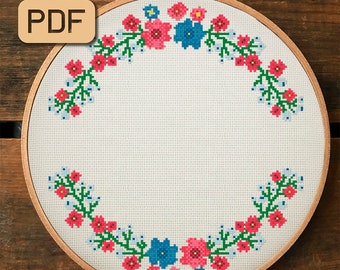 Floral Wreath Cross Stitch Pattern: Flower Border Design (PDF)