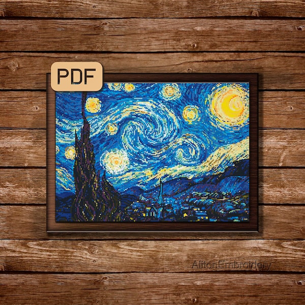 Starry Night Cross Stitch Pattern, Van Gogh Crossstitch Art, Famous Painting Embroidery Artwork PDF, Instant Download