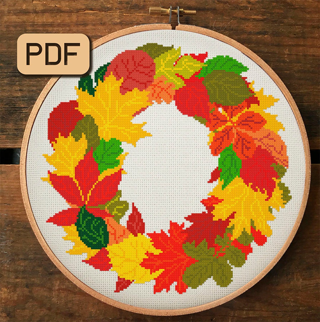 Fall Wreath Cross Stitch Pattern Autumn Needlepoint Fall Leaves Cross ...