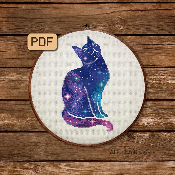 Galaxy Cat Cross Stitch Pattern, Animal Crossstitch PDF, Cat Silhouette Embroidery Design, Instant Download