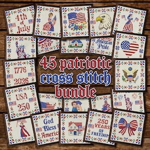 May include: A collection of 45 patriotic cross-stitch patterns, each framed in a dark wood border. Designs include American flags, eagles, the Statue of Liberty, and text such as "4th of July" and "American Pride."