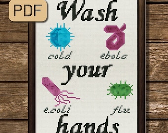 Modern cross stitch pattern Wash your hands Bathroom cross stitch pdf Instant download