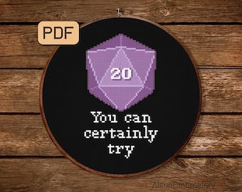 Funny D20 Dnd Dice Cross Stitch Pattern: Fantasy Gaming Embroidery (PDF Download)