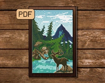 Nature Cross Stitch Pattern, Forest Landscape Crossstitch PDF, Mountain Xstitch Chart, Scenery Embroidery Design, Instant Download