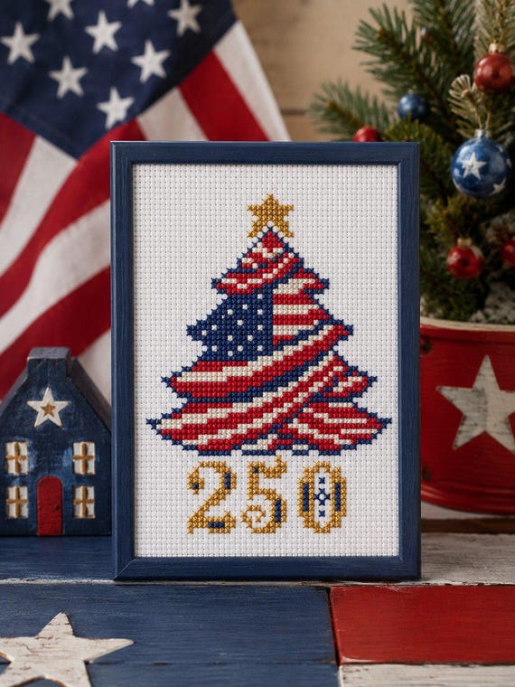 250 Years of America Cross Stitch Pattern: Patriotic Christmas Tree Crossstitch Chart (PDF Design)