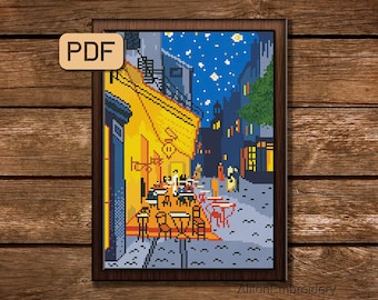 Famous Painting Cross Stitch Pattern, Van Gogh Crossstitch Art PDF, Café Terrace at Night Embroidery Artwork, Digital Download