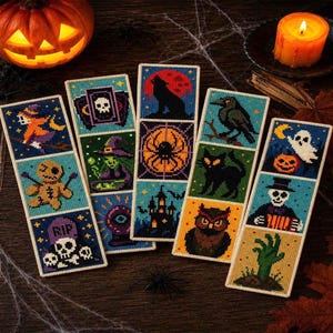 May include: Five rectangular diamond painting bookmarks featuring Halloween motifs including a witch, voodoo doll, skull, crystal ball, wolf, spider, haunted house, raven, black cat, owl, ghost, jack-o'-lantern, skeleton, and a green zombie hand.