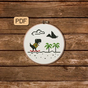 Funny T Rex Cross Stitch Pattern, Summer Dinosaur Crossstitch PDF, Dino Embroidery Design, Instant Download
