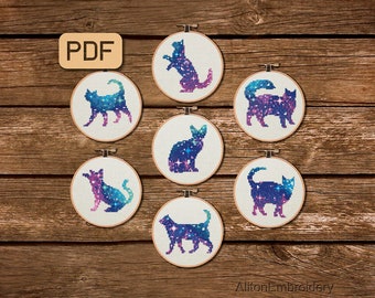 Mini Cat Cross Stitch Patterns Bundle: Galaxy Embroidery Designs Set (PDF Charts)