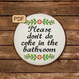 Funny Bathroom Cross Stitch Pattern Don&#39;t Do Coke Cross Stitch PDF Towel Embroidery Design Instant Download