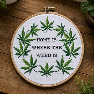 Funny Home Weed Cross Stitch Pattern, Pot Leaf Embroidery (PDF Download)