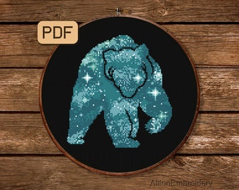 Bear Cross Stitch Pattern, Galaxy Crossstitch PDF, Animal Embroidery Design, Digital Download