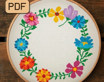 Floral border cross stitch pattern Flower needlepoint decor Floral wreath cross stitch pattern pdf Digital download