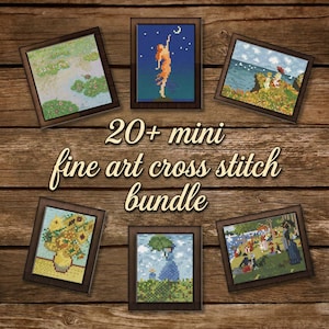 Puede incluir: Una colección de mini obras de arte de punto de cruz enmarcadas, con pinturas famosas. La obra de arte incluye una escena de nenúfares, una figura que alcanza la luna, un paisaje costero, girasoles, una mujer bajo un árbol y una escena de picnic. El texto dice "20+ mini fine art cross stitch bundle."