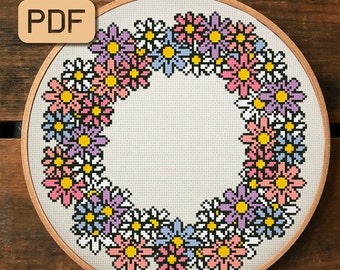 Floral border cross stitch pattern Flower wreath needlepoint pdf