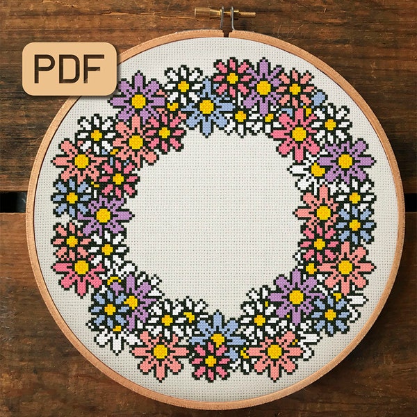 Floral border cross stitch pattern Flower wreath needlepoint pdf