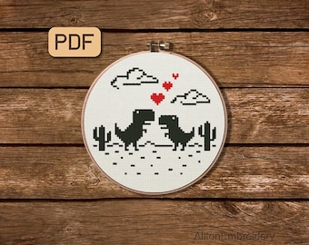 Dinosaur Love Cross Stitch Pattern, Funny T-Rex Crossstitch PDF, Valentine's Day Dino Embroidery Design, Instant Download