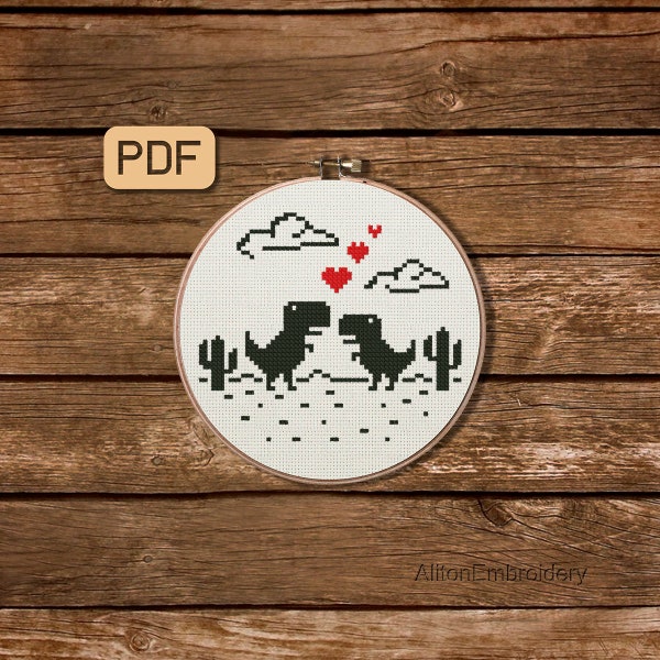 Dinosaur Love Cross Stitch Pattern, Funny T-Rex Crossstitch PDF, Valentine's Day Dino Embroidery Design, Instant Download