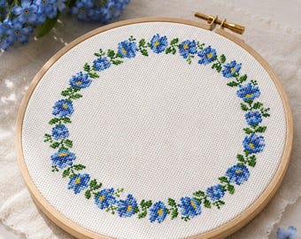 Patrón de punto de cruz con borde floral: Bordado de corona de flores (Diseño en PDF)