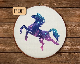 Galaxy Horse Cross Stitch Pattern, Animal Crossstitch PDF, Horse Silhouette Embroidery Design, Instant Download