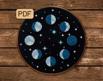 Moon Phases Cross Stitch Pattern: Lunar Embroidery (PDF Download)