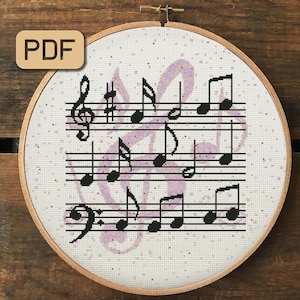 easy PDF musical notes instant download trumpet Jazz music cross stitch pattern rainbow saxophone printable musician silhouette chart