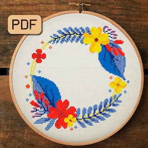 Flower border cross stitch pattern Modern needlepoint Floral wreath cross stitch pdf Instant download