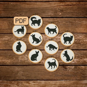 黒猫のクロスステッチパターン、簡単なクロスステッチPDF、猫のシルエット刺繍デザイン、即時ダウンロード