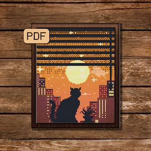 Kreuzstich Stickmuster Katze im Fenster, Stadtbild Kreuzstich PDF, Landschaft Stickmuster, sofortiger Download