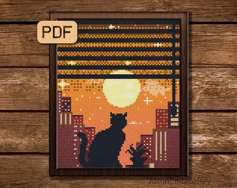 Cat In Window Cross Stitch Pattern, Cityscape Crossstitch PDF, Scenery Embroidery Design, Instant Download