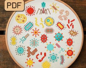 Microbes Cross Stitch Pattern - Bacteria Cross Stitch Pdf - Germ Cross Stitch Design - Virus Cross Stitch Chart