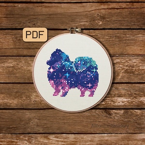 Galaxy Pomeranian Dog Cross Stitch Pattern, Spitz Crossstitch PDF, Animal Embroidery Design, Instant Download