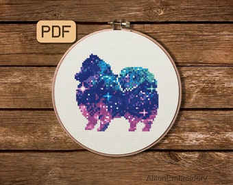 Galaxy Pomeranian Dog Cross Stitch Pattern, Spitz Crossstitch PDF, Animal Embroidery Design, Instant Download