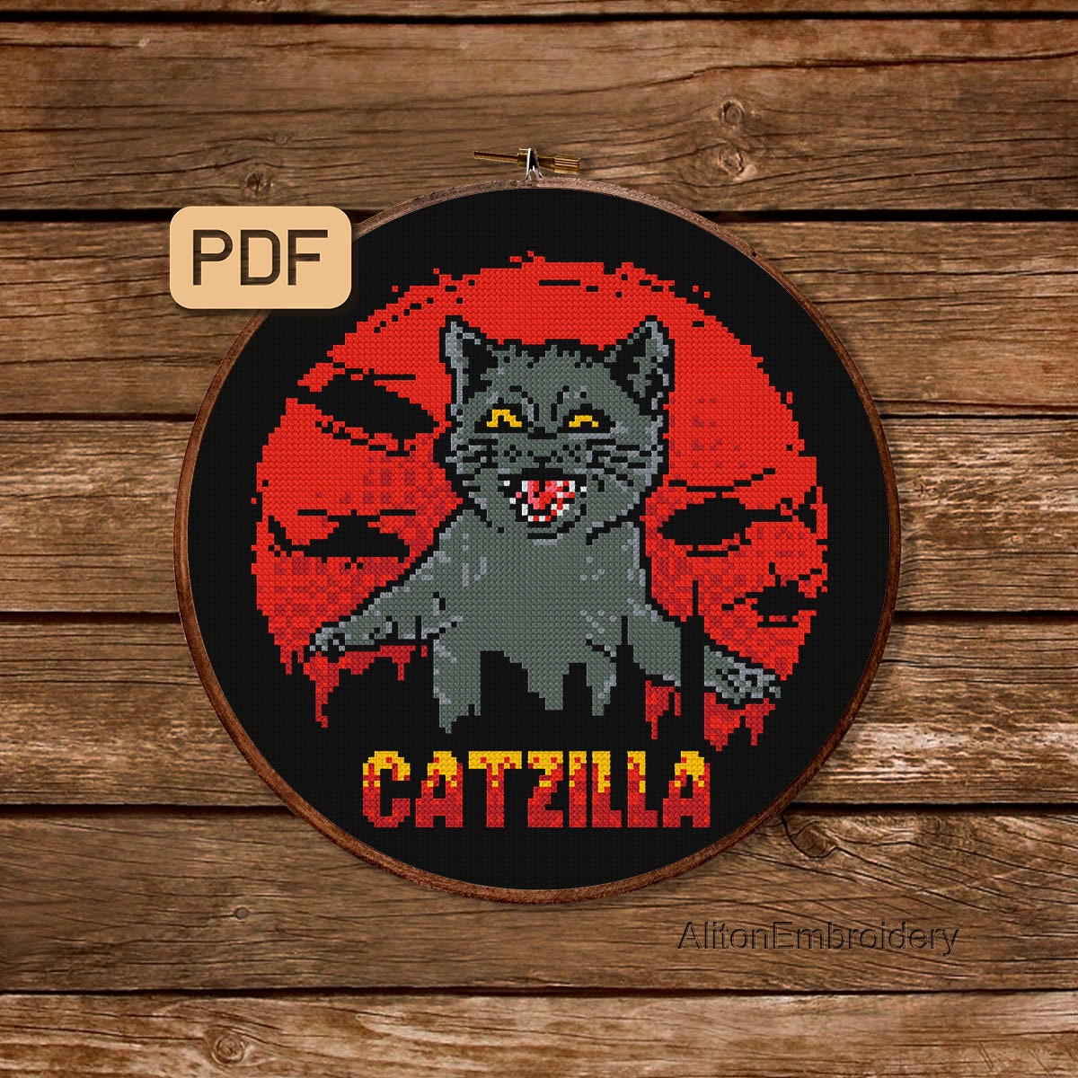 Funny Cat Cross Stitch Pattern, Catzilla Crossstitch PDF, Cute Cat Embroidery Design, Instant Download