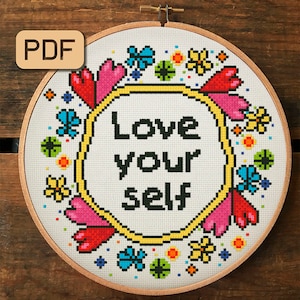 Love Yourself Cross Stitch Pattern, Heart Wreath Cross Stitch Pattern PDF