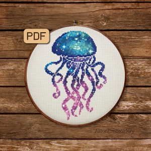 Galaxy Jellyfish Cross Stitch Pattern, Sea Life Crossstitch PDF, Ocean Animal Embroidery Design, Instant Download